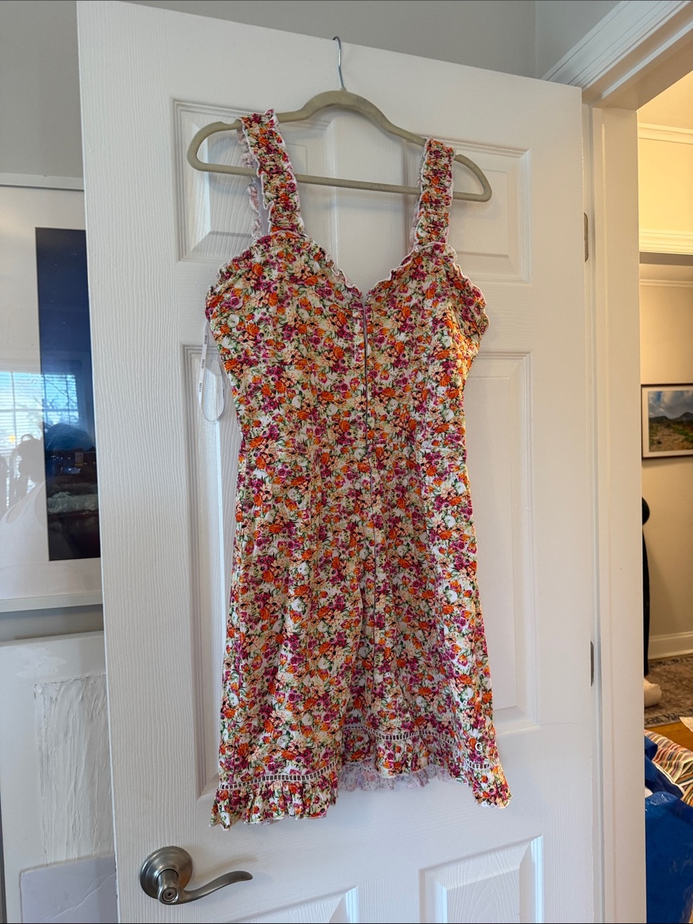 Floral Lace-Trim Mini Dress in White with Pink & Orange Flowers